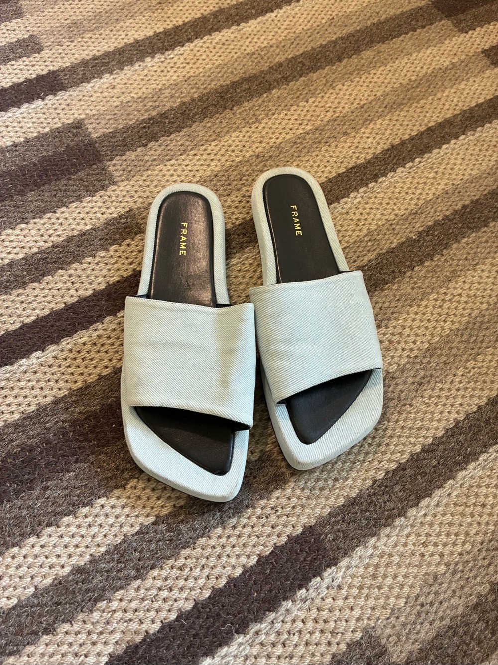 FRAME Denim Slide Sandals Light Blue Square Toe Mules Size 37 US 7 Minimalist